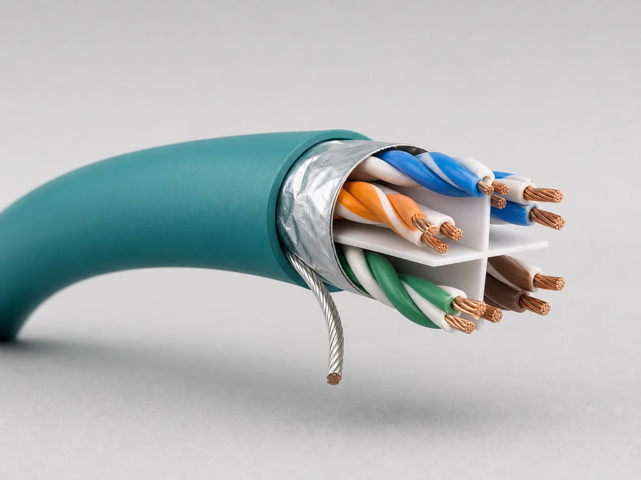 Brand-neutral generated catalog visual of Data cables: cutaway industrial data cable with four coherent twisted pairs, separator, overall screen, and outer jacket.