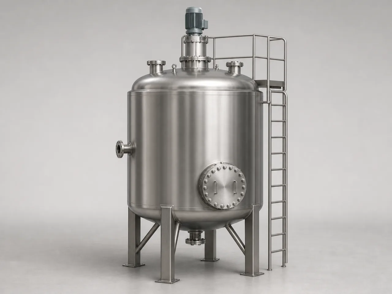 Brand-neutral generated catalog visual of Custom process tanks: vertical stainless process tank with dished ends, top agitator, sanitary nozzles, legs, access ladder, and platform.