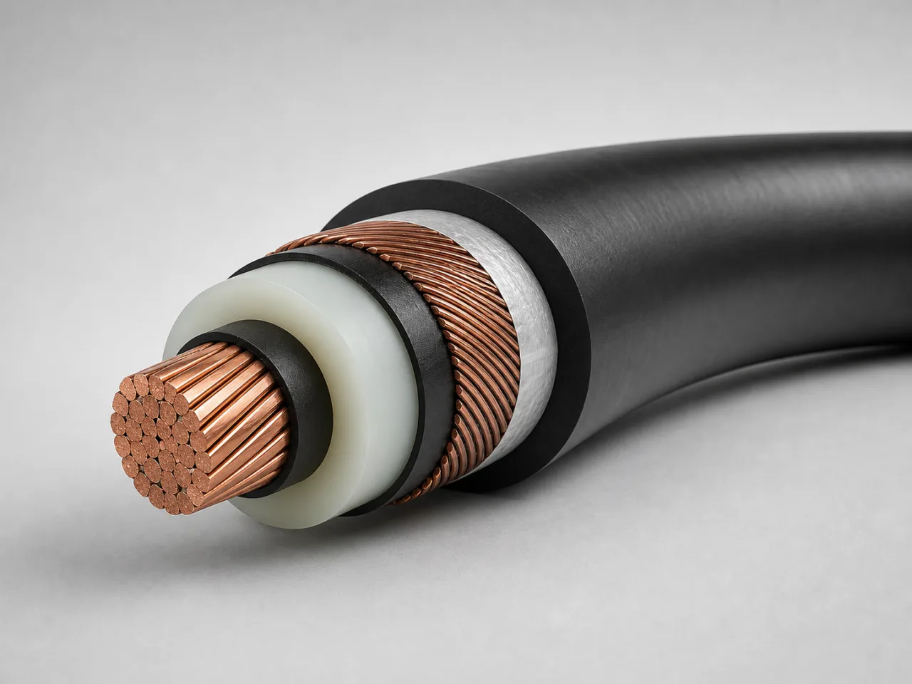 Brand-neutral generated catalog visual of MV power cables: single-core medium-voltage cable cutaway with conductor, semiconductive screens, thick insulation, metallic screen, and sheath.