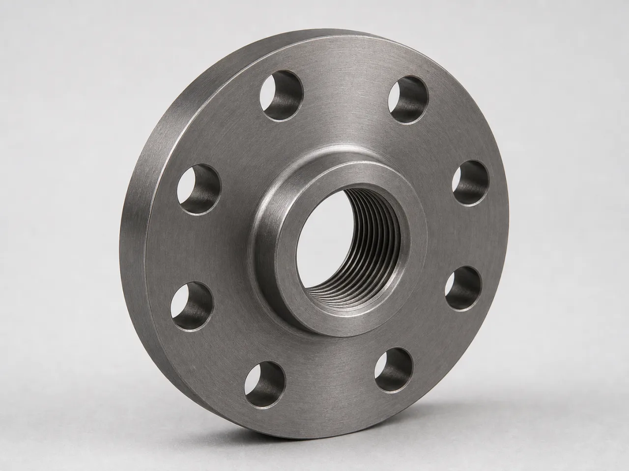 Brand-neutral generated catalog visual of Threaded flanges: machined threaded flange with clearly coherent internal pipe thread, hub, raised face, and symmetric bolt circle.