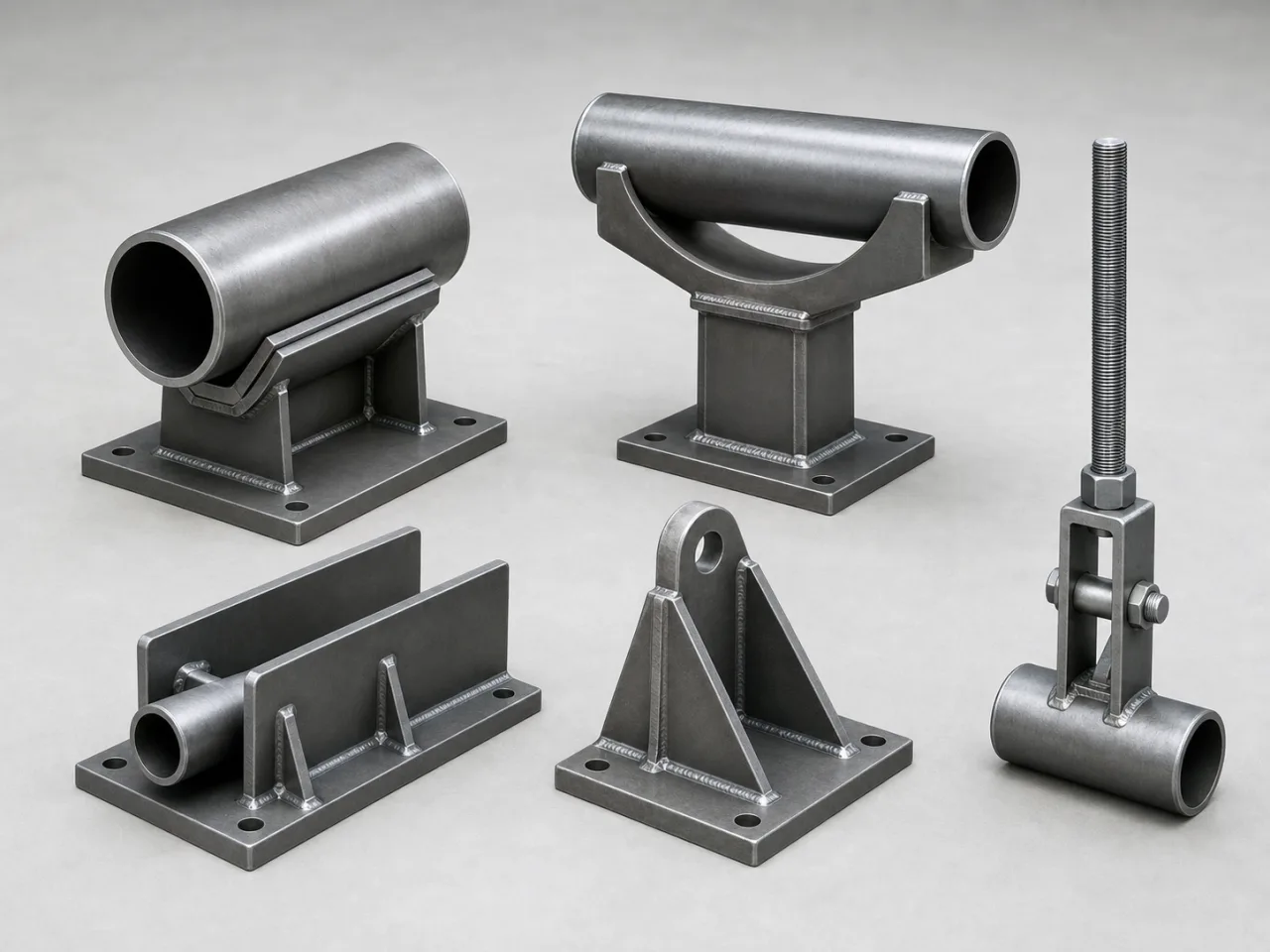 Brand-neutral generated catalog visual of Custom pipe supports: fabricated pipe-support set showing shoe, saddle, guide, anchor bracket, and hanger components.