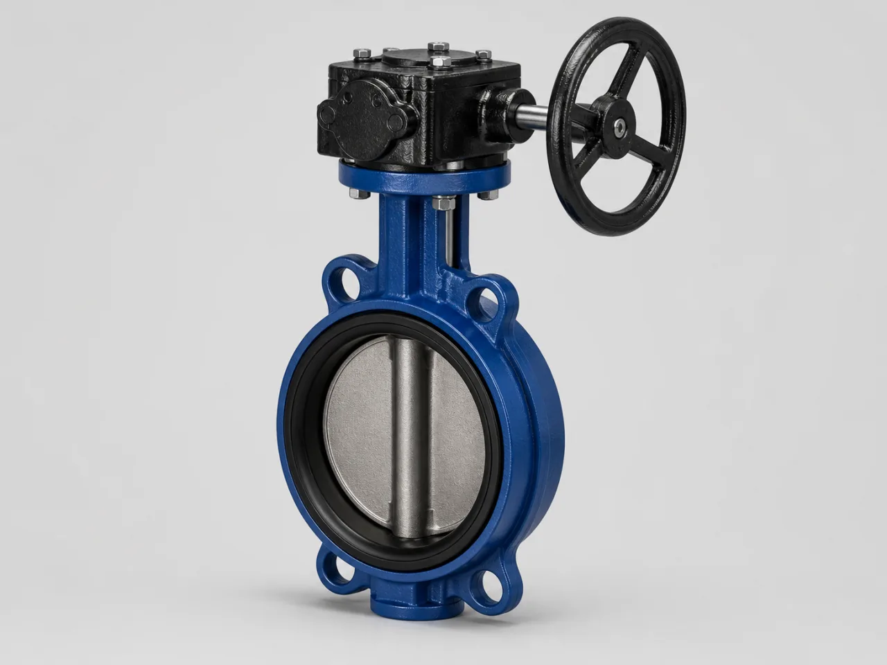 Brand-neutral generated catalog visual of Butterfly valves: wafer butterfly valve with circular body, centered disc, through stem, and compact worm gearbox.