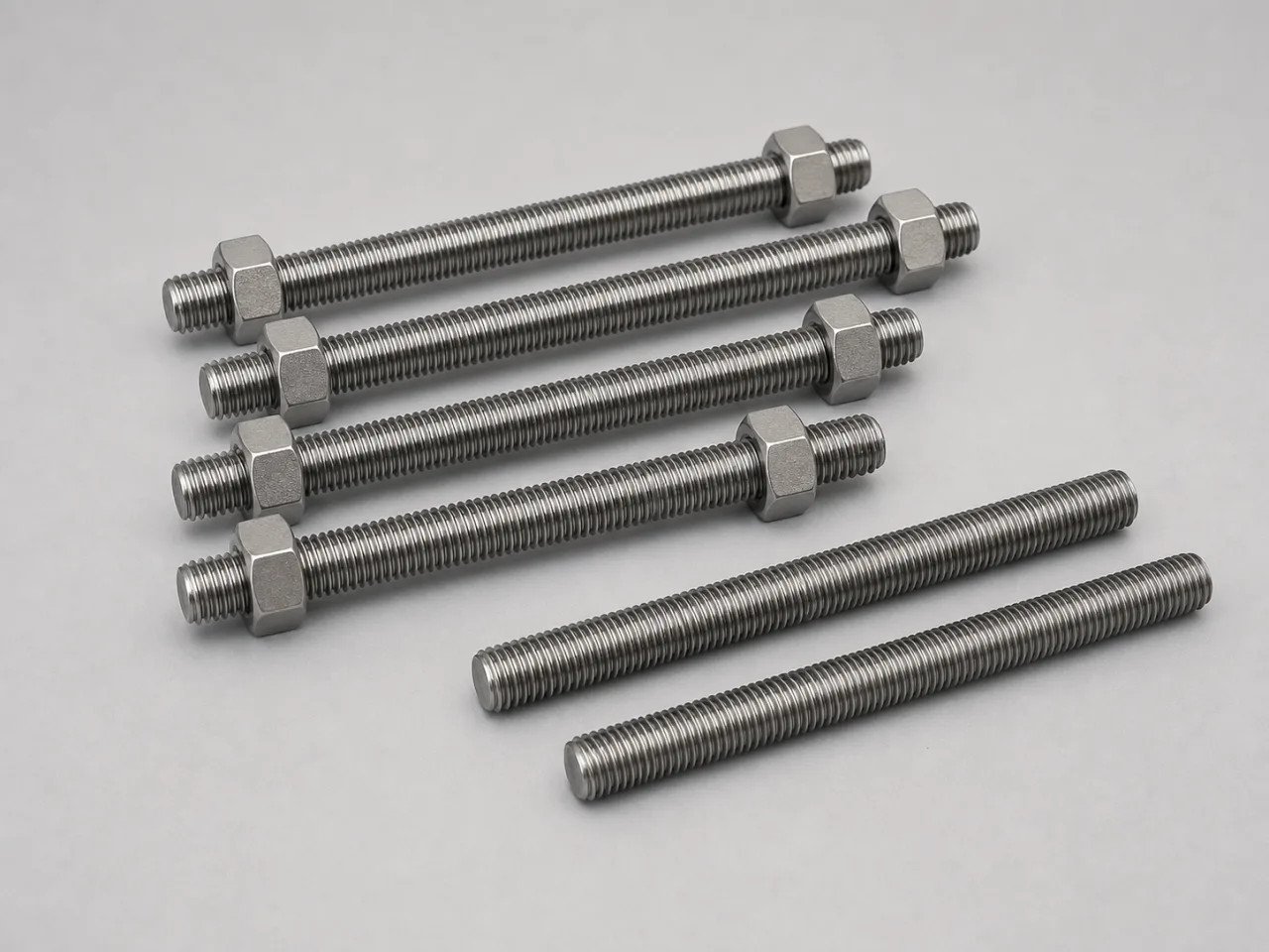 Brand-neutral generated catalog visual of Stud bolts: set of fully threaded stud bolts with paired heavy hex nuts and clean continuous thread geometry.