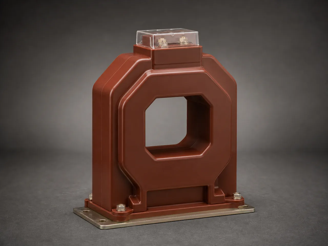 Unbranded cast-resin current instrument transformer with a central conductor window, covered secondary terminals and mounting base.