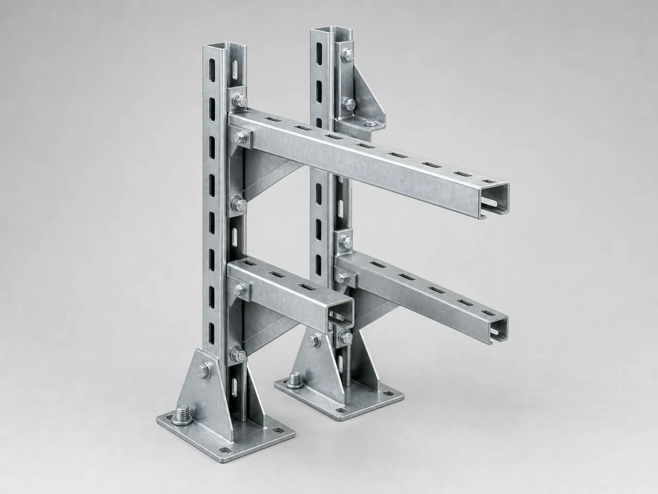 Brand-neutral generated catalog visual of Cable supports: modular strut-channel cable-support assembly with cantilever brackets, channel nuts, and base plates.