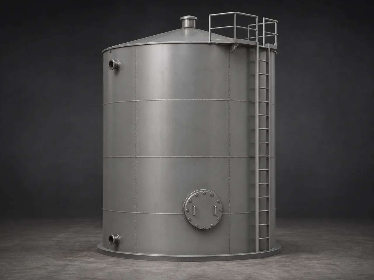 Neutral unbranded fabricated vertical storage tank with a conical roof, base ring, two side nozzles, bolted manway and fixed ladder to a guarded roof landing.