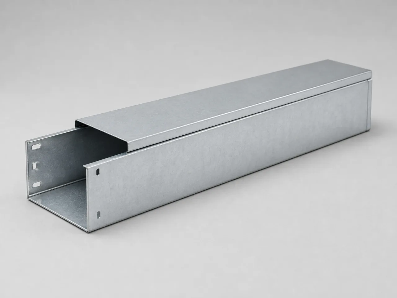 Brand-neutral generated catalog visual of Cable trunking: rectangular enclosed metal cable trunking section with removable fitted lid and clean joining end.