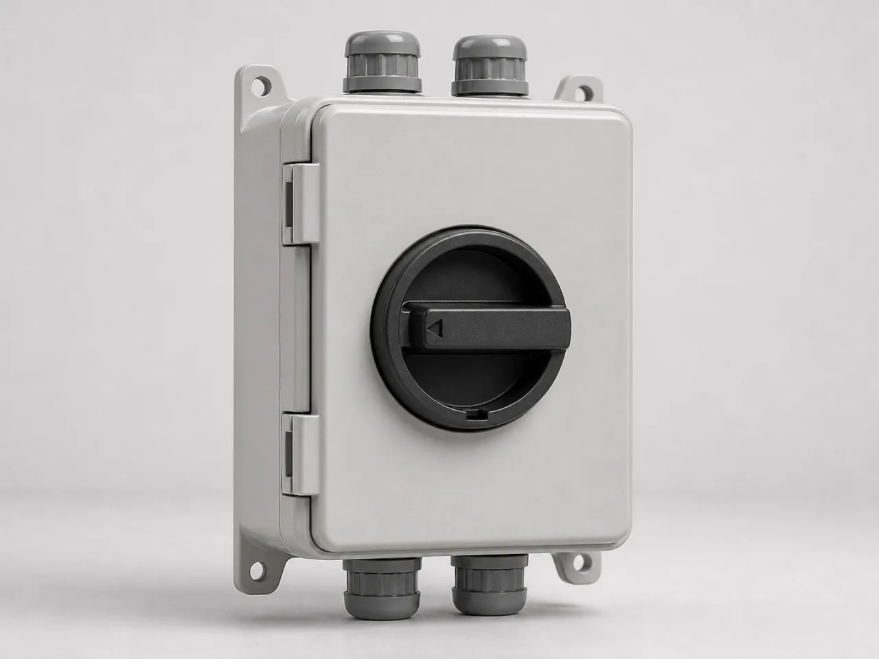 Brand-neutral generated catalog visual of Isolators: enclosed rotary electrical isolator with robust external handle and coherent cable-entry arrangement, no markings.