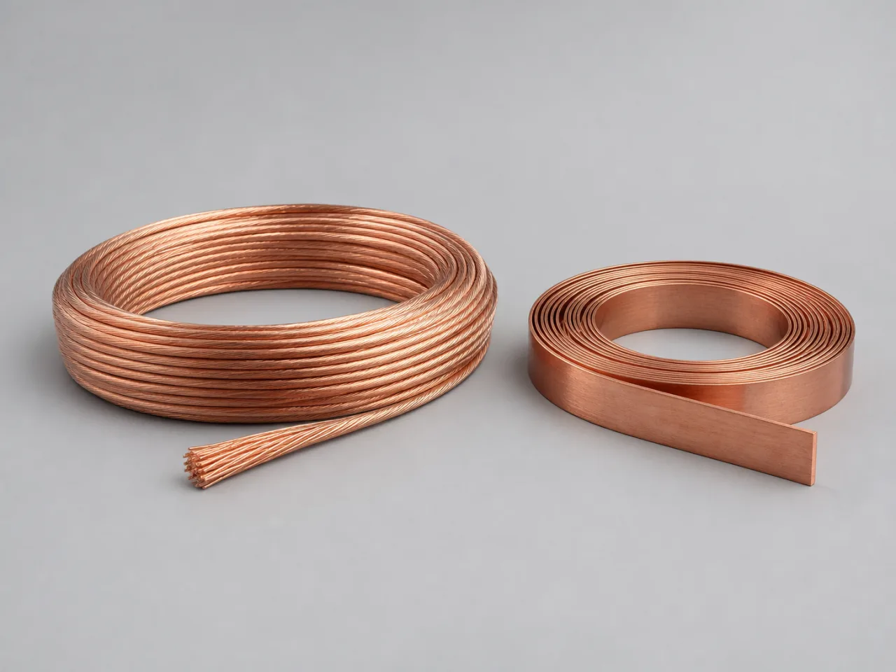 Brand-neutral generated catalog visual of Earthing conductors: coiled bare stranded copper earthing conductor beside a flat copper earth tape section.