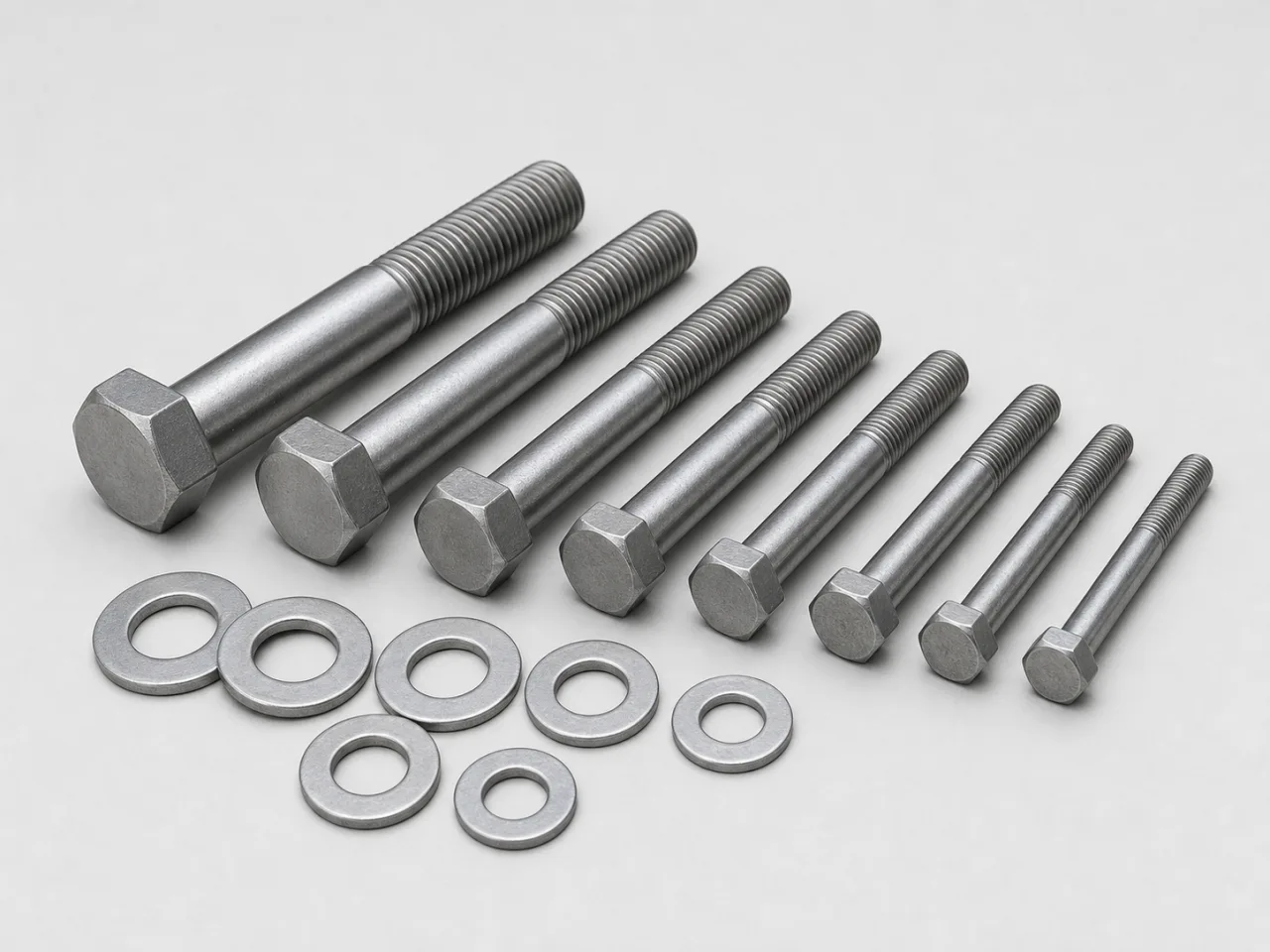 Brand-neutral generated catalog visual of Bolts: close-up set of industrial hex-head bolts in several lengths with credible partial threads and washers.