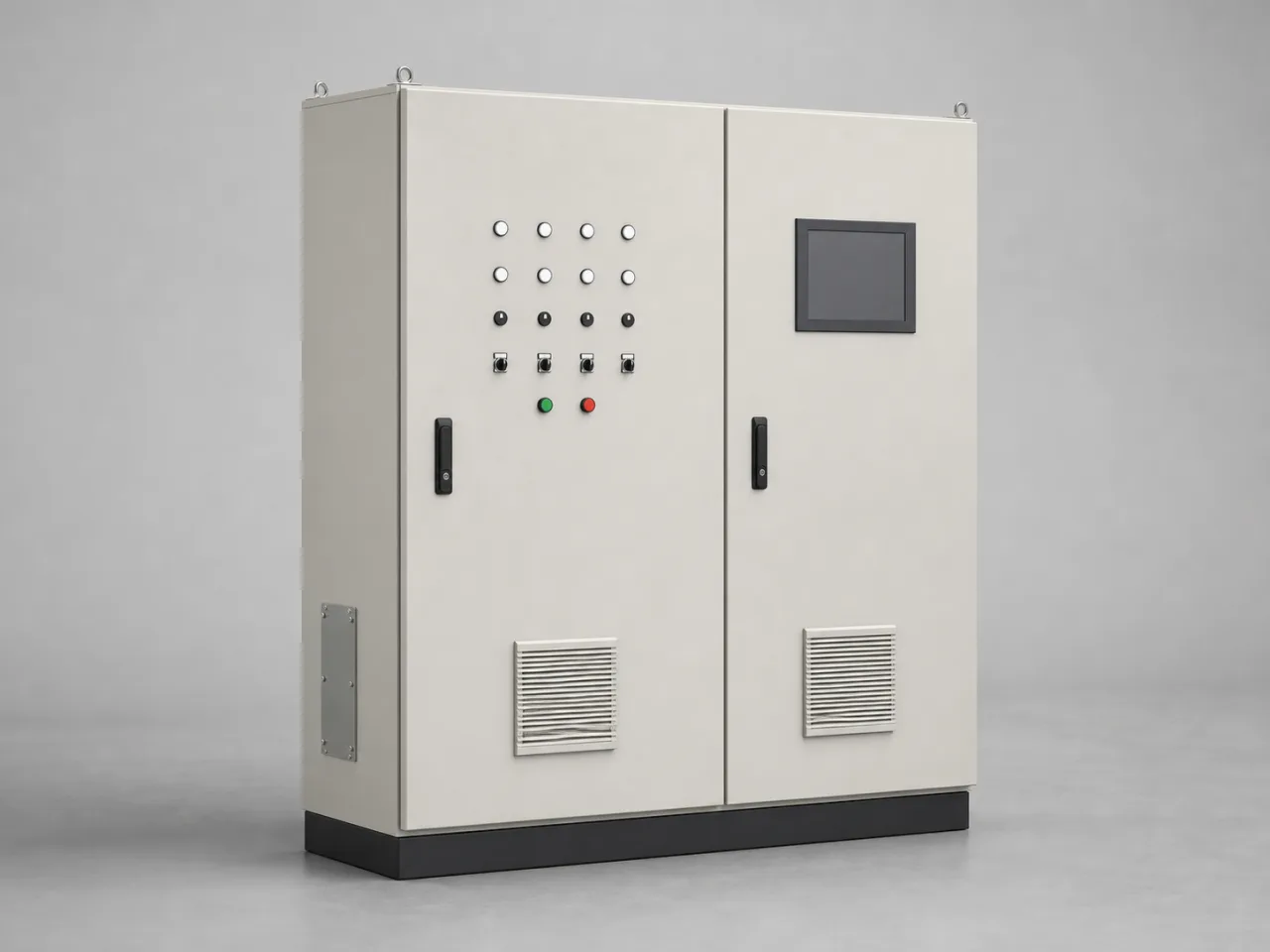 Brand-neutral generated catalog visual of Control panels: closed industrial control-panel cabinet with orderly blank pushbutton and indicator hardware, ventilation, and cable plinth.