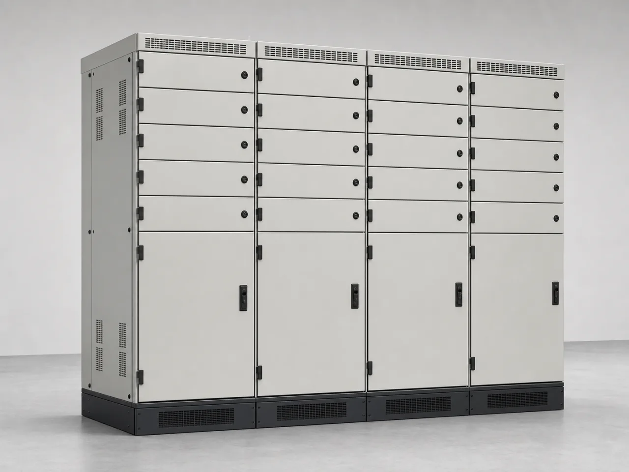 Brand-neutral generated catalog visual of LV switchgear: multi-section low-voltage switchgear lineup with closed compartment doors, ventilation, plinth, and cable chamber geometry.