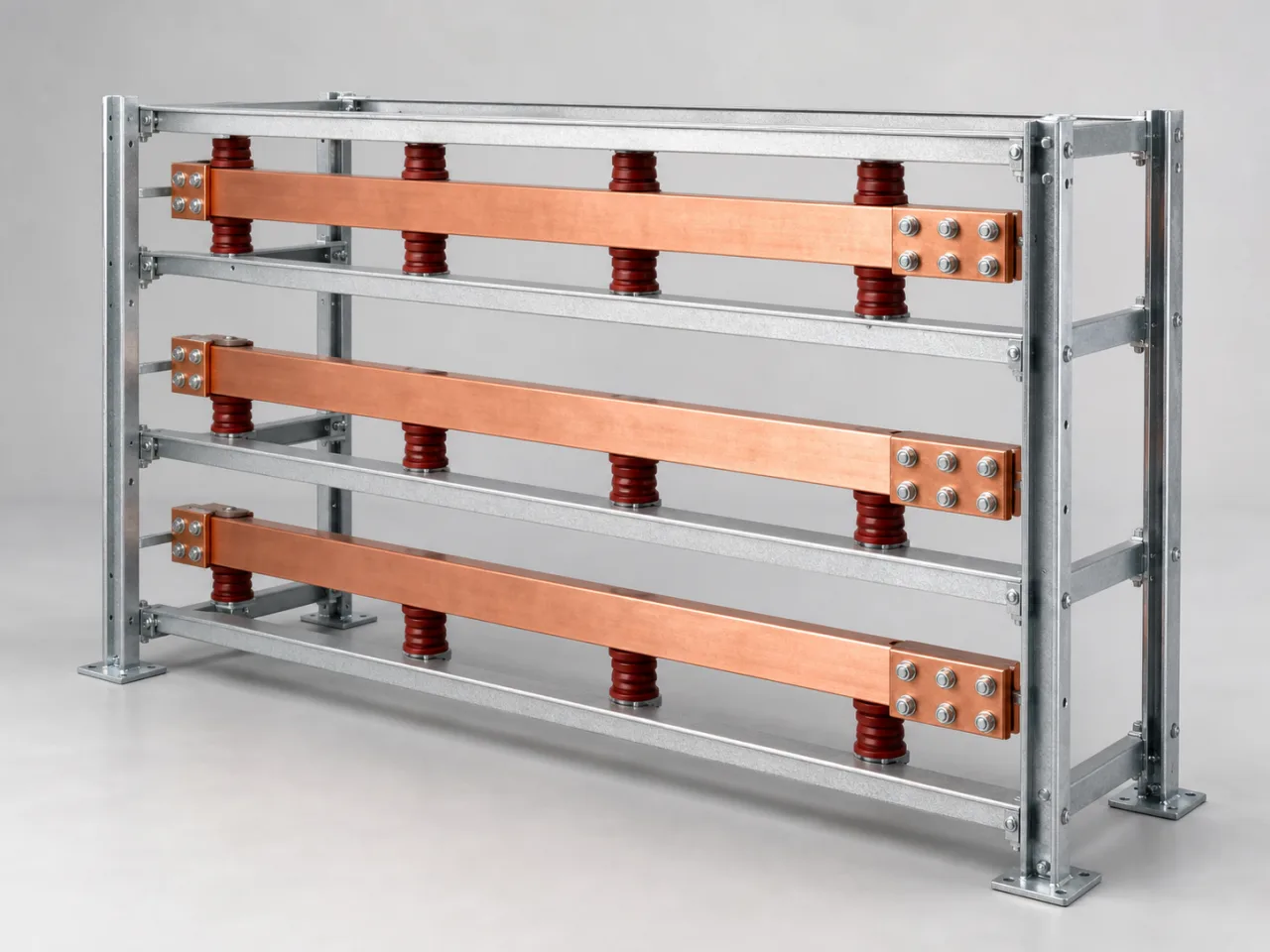 Brand-neutral generated catalog visual of Busbar systems: three-phase insulated copper busbar assembly on coherent support insulators inside an open demonstration frame.