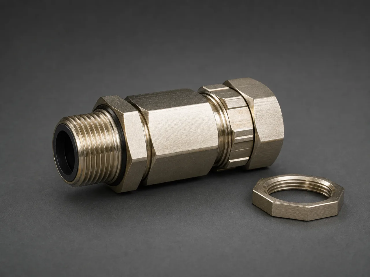 Unbranded metallic cable gland with entry threads, aligned hexagonal body, compression nut, black seal and separate locknut.