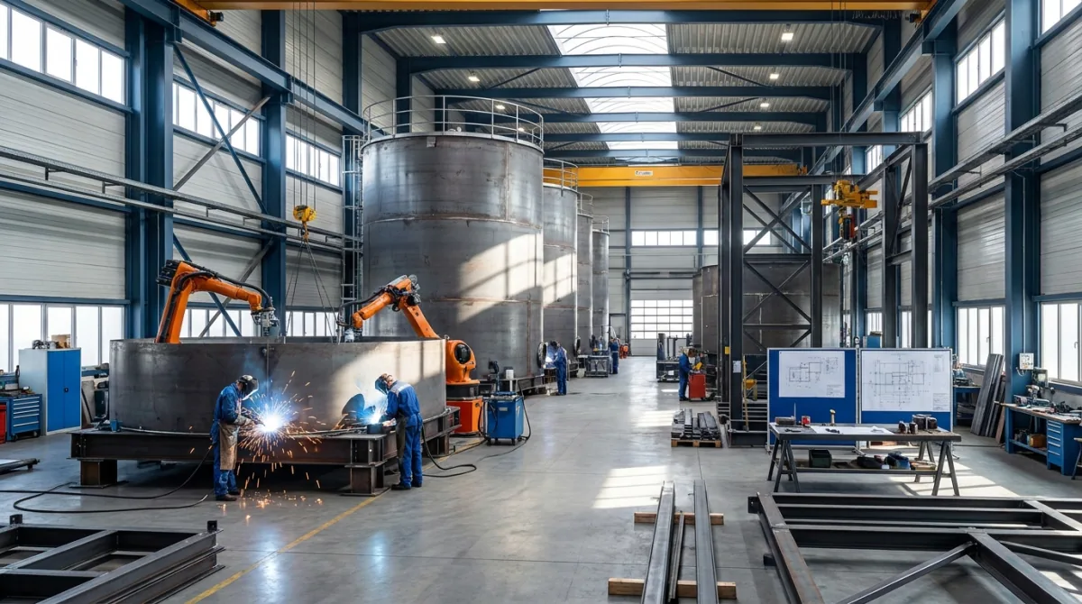 Generated editorial view of a workshop fabricating steel tanks and structural assemblies.