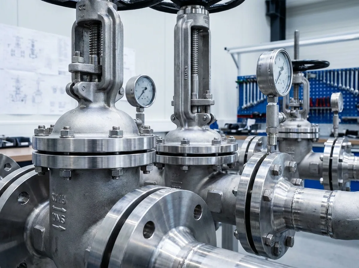 Generated editorial close-up of industrial valves, flanges, piping and pressure gauges in a workshop setting.